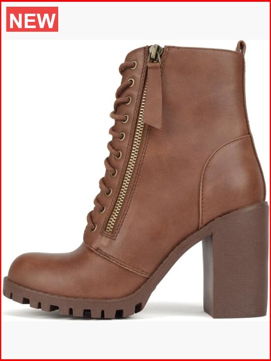 Shoes - Faux Lace Up Chunky Lug Sole Combat Boot Ankle Bootie